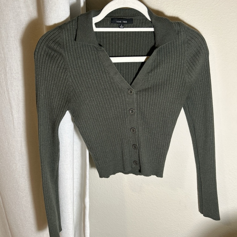 Green, crop, button down shirt.